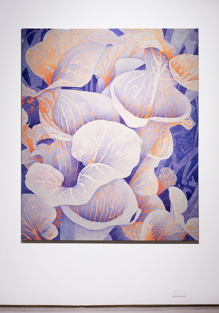 Abstract painting with purple and orange organic shapes resembling flowers or leaves