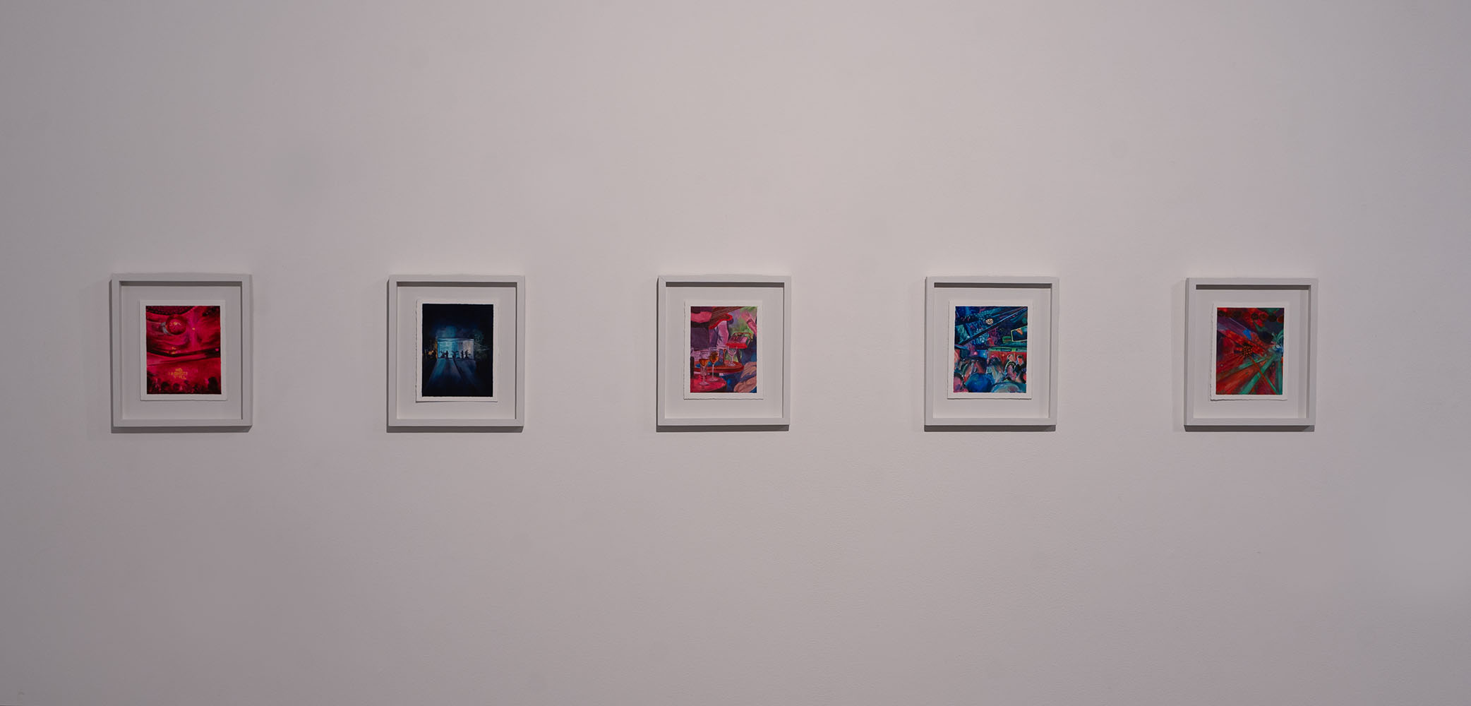 Row of five small artworks with abstract and colorful designs.