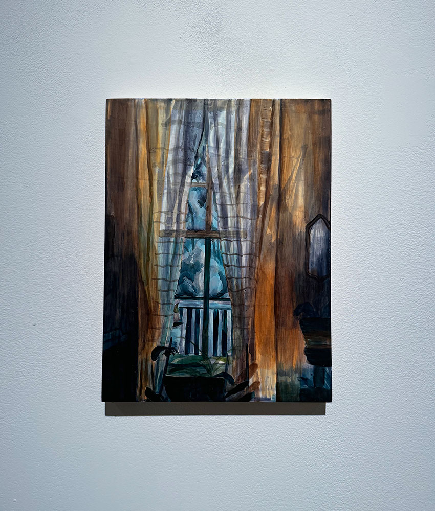 Window scene painting showing trees and a porch through sheer curtains.