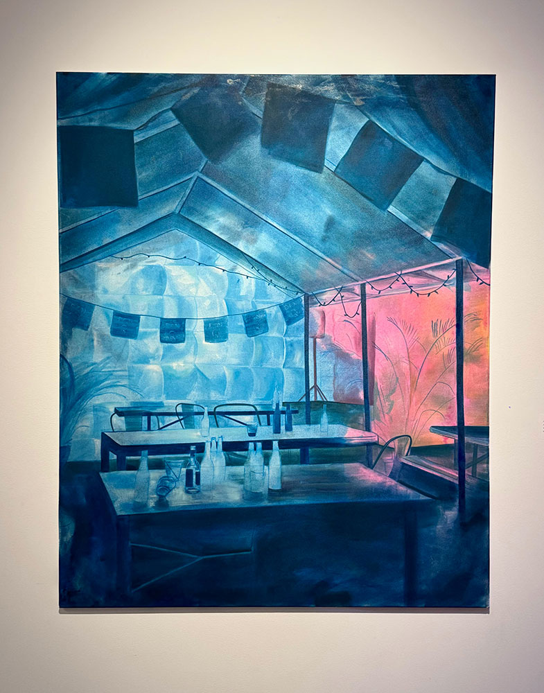 Painting of a dining area with blue lighting and a pink background.