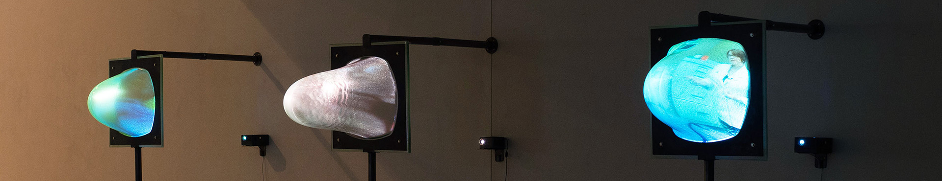 three bubble-like sculptures with projections through them