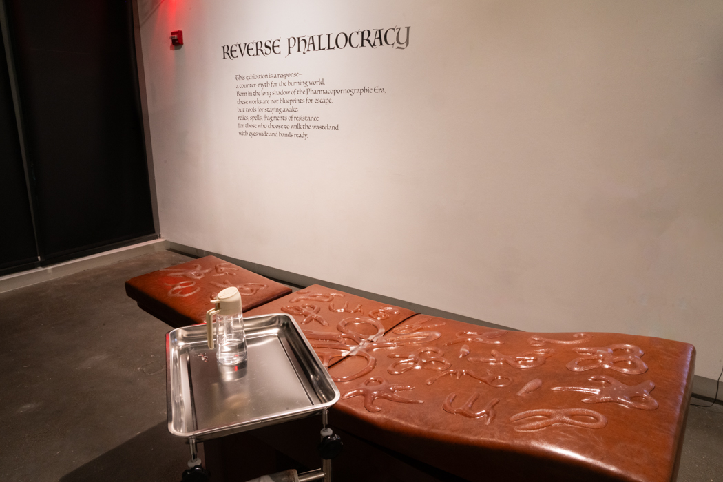 A brown leather bench with embossed shapes, a metal tray, and wall text titled 'Reverse Phallocracy'