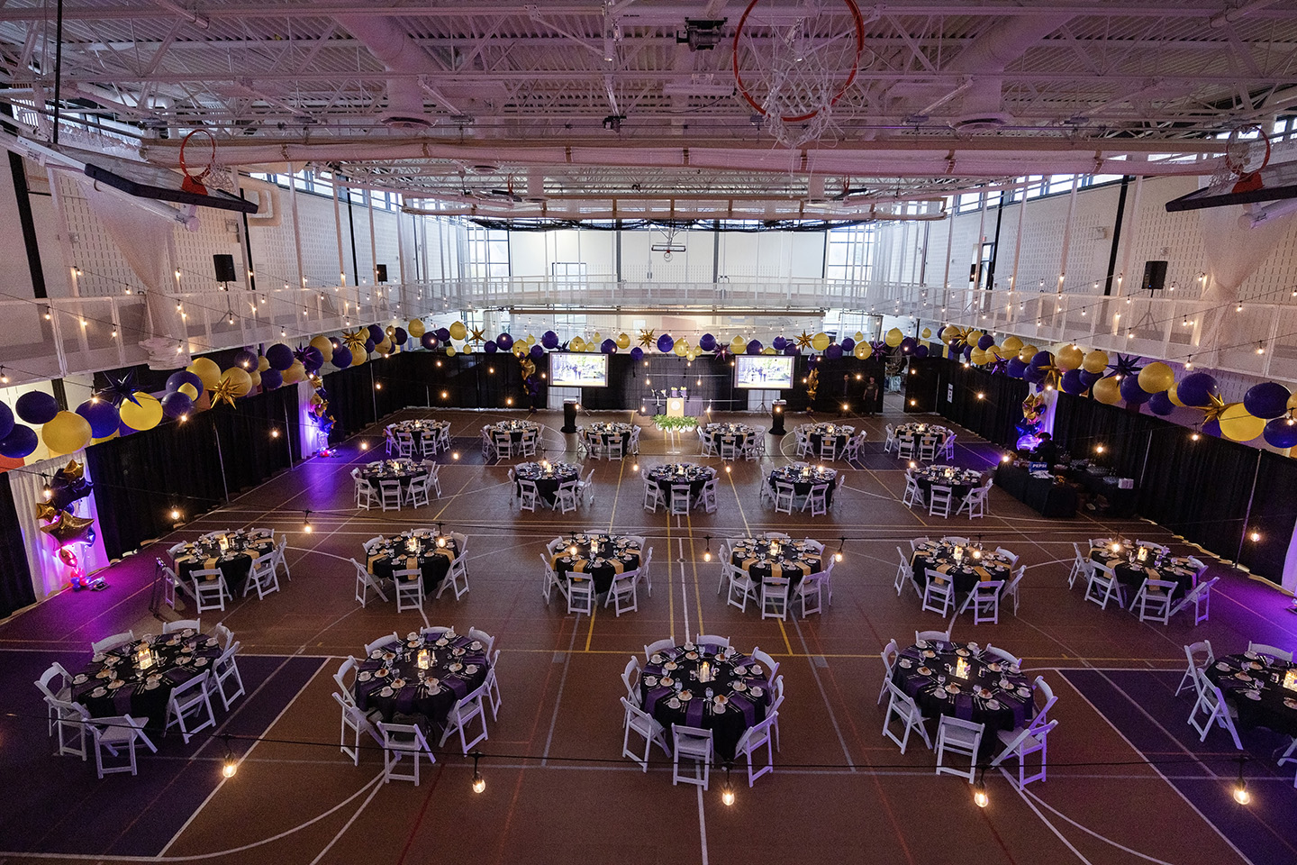 Tables and chairs at a ballroom event
