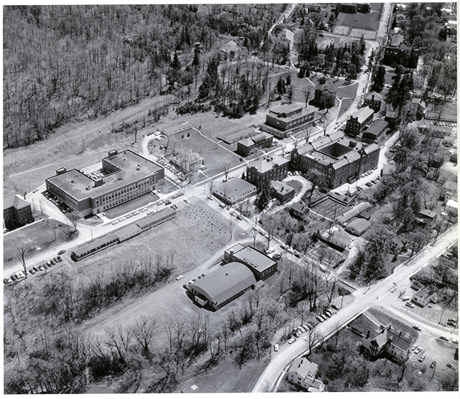 Black and white photo of a building from above