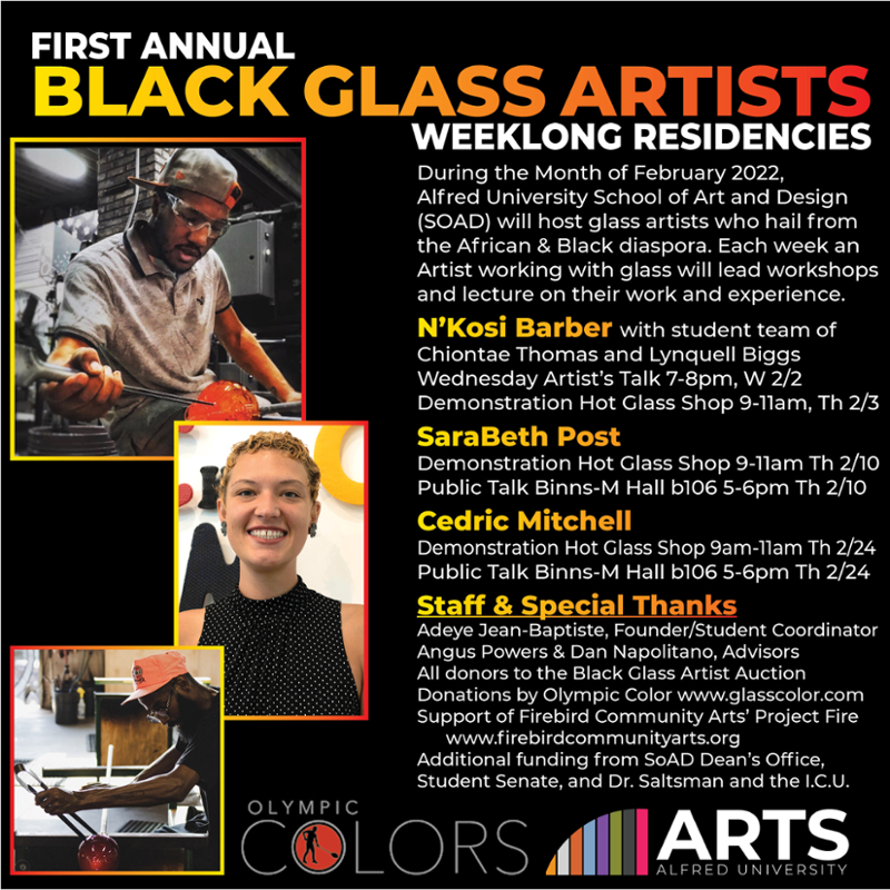 announcement of black glass artists series with photos and names of all three artists