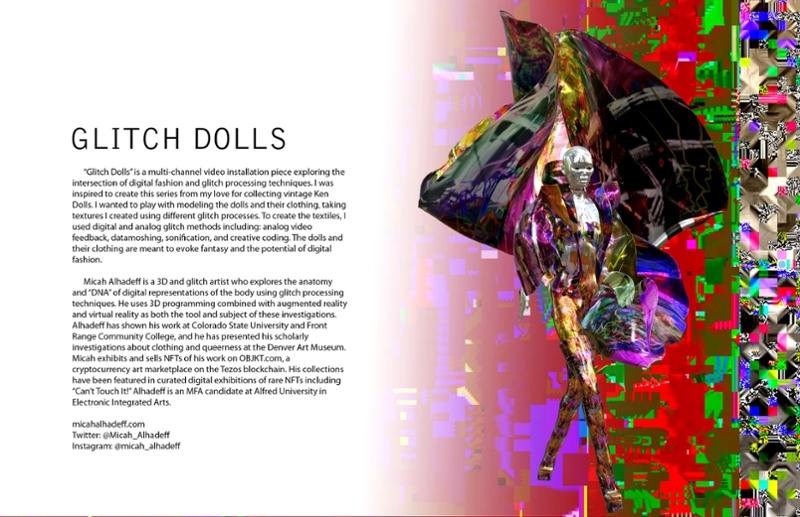 Glitch Dolls, Glitch, Dolls, Digital Fashion, 3D, Analog, Video, Feedback, Datamoshing, Sonification, Creative Coding, Micah Alhadeff, TSI/Snodgrass Gallery, Expanded Media, Integrated Electronic Arts