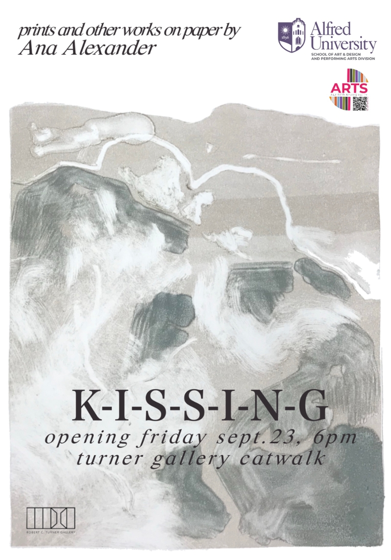 Grey and green monoprint of two people kissing Show tittle: K-I-S-S-I-N-G Text: prints and other works on paper by Ana alexander, opening friday September 23, 6pm, Turner gallery catwalk