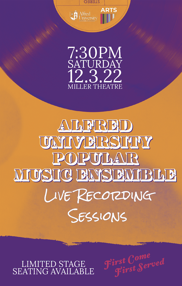 purple and gold poster with vinyl record and text