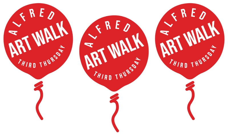 Three red balloons with "alfred art walk third Thursday" written inside