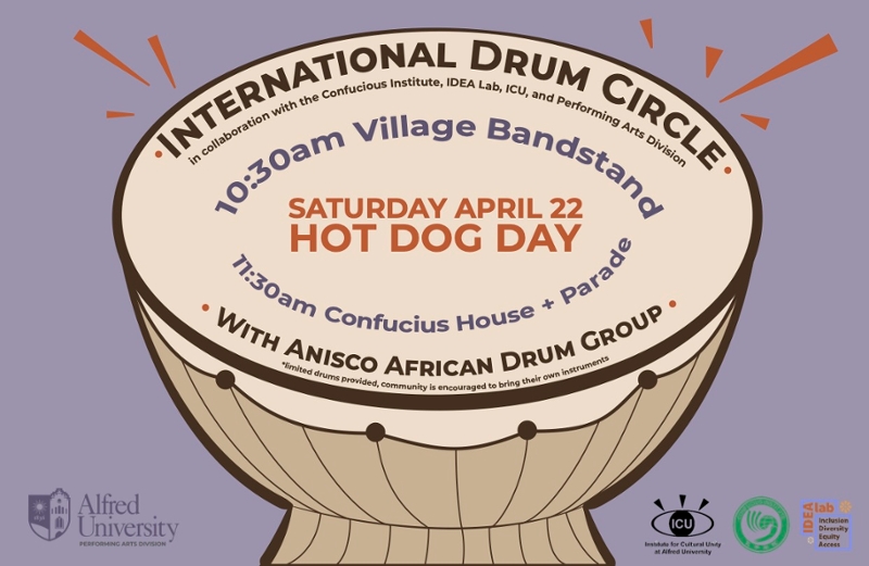 international drum circle poster drum in middle with words inside
