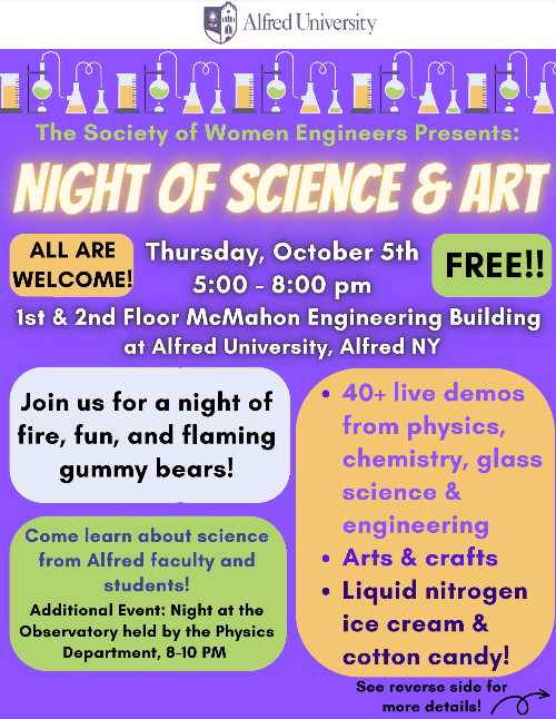 Night of Science and Art at Alfred University Thursday, October 5th from 5-8pm in McMahon Engineering Building