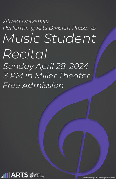 black poster with white and gray text and purple treble clef symbol