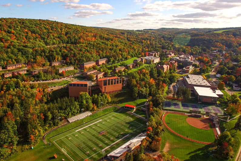 Scenic photo of campus during fall taken from above with a drone